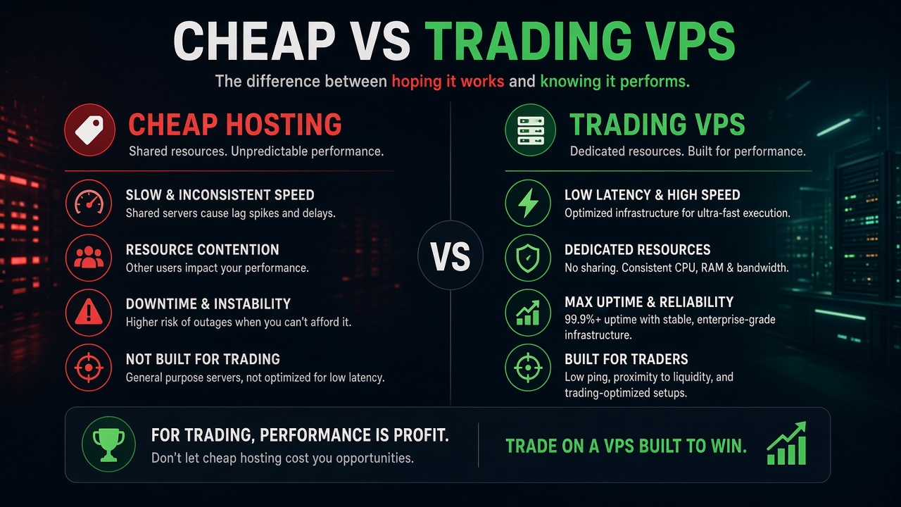 便宜託管 vs 交易專用 VPS：共享不穩定效能，對比專為交易打造的低延遲專用資源